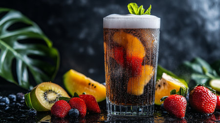 A vibrant drink served in a clear glass, featuring fresh fruits and a frothy top, perfect for summer gatherings and cheerful celebrations.の素材