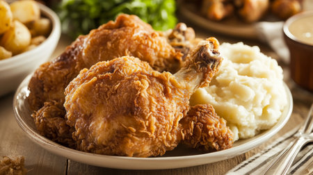 Enjoy a beautifully plated meal featuring crispy fried chicken paired with creamy mashed potatoes and savory gravy, perfect for any comfort food lover.の素材