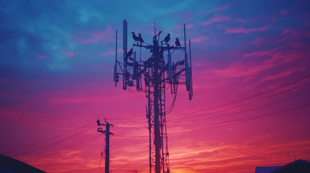 A stunning silhouette of birds perched on a telecommunications tower against a vibrant sunset sky, showcasing the contrast between technology and nature.の素材