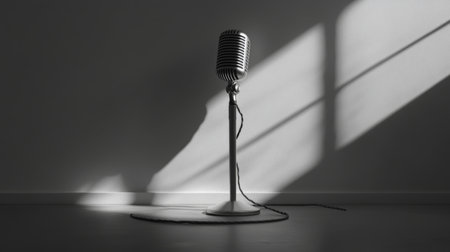 A vintage microphone stands elegantly in a minimalist space, bathed in soft light and shadows, creating a captivating atmosphere that inspires creativity.の素材