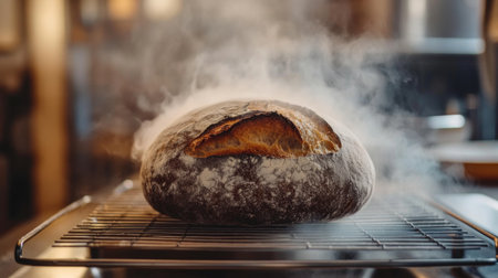 This image showcases a freshly baked artisan bread with steam rising, resting on a cooling rack in a warm kitchen setting. Perfect for culinary themes.の素材
