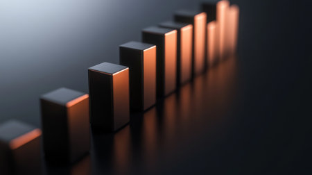 This abstract image features a series of black and gold rectangular blocks arranged on a reflective surface, emphasizing minimalism and elegance through light and shadow play.の素材