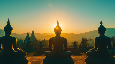 Majestic Buddha statues overlook a serene landscape at sunrise, creating a peaceful atmosphere. The soft light enhances the spiritual ambiance of the scene.の素材
