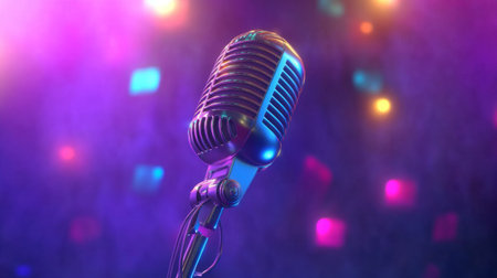 A classic vintage microphone stands tall against a vibrant bokeh background, ideal for themes of music, performance, and celebration during concert events.の素材