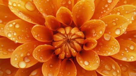 A stunning close-up of a vibrant orange flower showcasing its delicate petals adorned with water droplets, symbolizing freshness and natural beauty.の素材