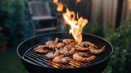 Enjoy a vibrant scene of grilled shrimp over flames on a barbecue. The image captures the essence of outdoor cooking, highlighting the delicious seafood alongside smoke and heat.の素材