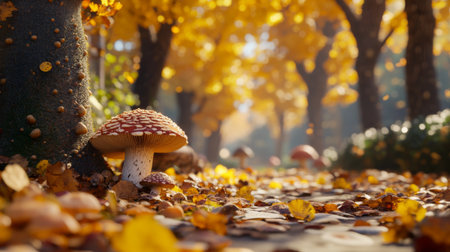 A stunning autumn scene featuring a winding path adorned with vibrant leaves and wild mushrooms, surrounded by sunlit trees, showcasing nature's beauty.の素材
