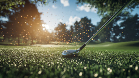 A close-up view of a golf club in motion as it swings through the fresh grass during sunset. This image captures the essence of sport and recreation.の素材