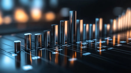 Abstract representation of data visualization featuring metallic bar graph elements against a blurred background, emphasizing analytics and technology concepts.の素材
