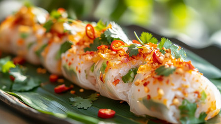 Enjoy the vibrant colors and fresh flavors of spring rolls garnished with herbs and spices, beautifully arranged on a green leaf, ideal for food enthusiasts.の素材