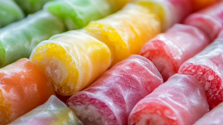 This image showcases an array of colorful Vietnamese spring rolls beautifully arranged. The vibrant hues of the rice paper wraps highlight the fresh ingredients within, making it an appealing option for any meal or snack.の素材