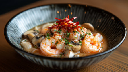 A visually appealing shrimp dish showcasing fresh ingredients and garnished with herbs and chili, perfect for food lovers and culinary enthusiasts looking for inspiration.の素材