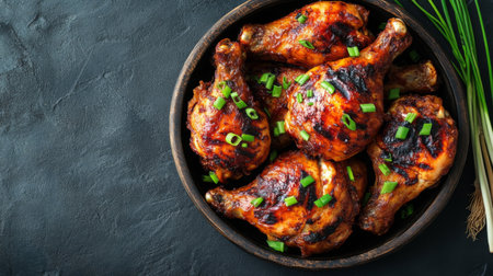 A delicious arrangement of juicy grilled chicken drumsticks garnished with fresh green onions served in a dark wooden bowl, perfect for culinary delights and food photography.の素材