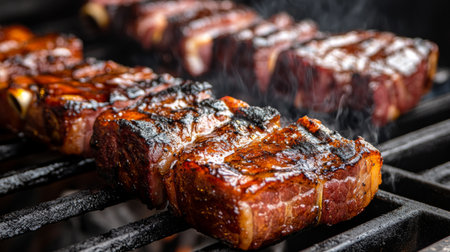 Sizzling steaks on a grill create a mouthwatering scene filled with smoke and savory aromas, embodying the essence of outdoor cooking and perfect summer feasts.の素材