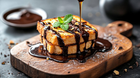 Savor the flavors of rich French toast drizzled with smooth chocolate syrup, garnished with mint, beautifully presented on a wooden board for a delightful breakfast experience.の素材