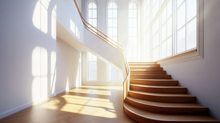 Bright and airy interior featuring an elegant wooden staircase bathed in sunlight, designed for modern spaces that evoke warmth and tranquility.の素材