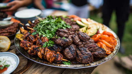 A vibrant arrangement of grilled meats, skewers, and vegetables served on a rustic platter, perfect for outdoor gatherings and summer feasts, highlighting delicious flavors and social enjoyment.の素材