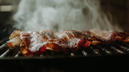 Close-up image of crispy bacon sizzling on a grill, with steam rising, creating an appetizing and delicious visual that evokes the joy of cooking and enjoying flavorful meals.の素材