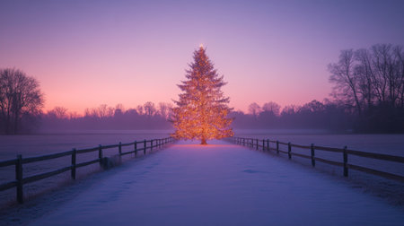 A breathtaking winter scene featuring a beautifully lit Christmas tree against a pastel sky, surrounded by snow and frosted trees, conveying peace and holiday spirit.の素材