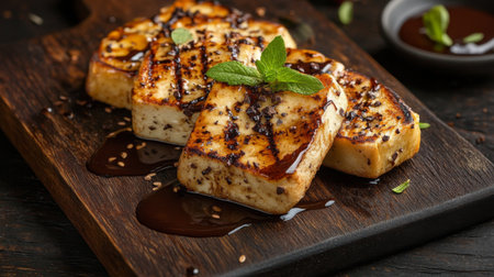 Enjoy a beautifully plated grilled tofu dish with fresh mint and sesame on a rustic wooden platter, perfect for healthy dining and gourmet presentations.の素材