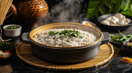 This stock photo features steaming rice in a traditional pot, accompanied by fresh herbs and spices, ideal for showcasing culinary creation and food culture.の素材