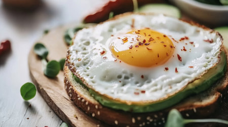 A beautifully presented fried egg atop creamy avocado on toasted bread, garnished with red pepper flakes, showcasing a vibrant and healthy breakfast option.の素材