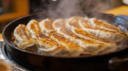 A mouthwatering scene featuring gyoza dumplings sizzling in a hot pan, surrounded by steam. Perfect for showcasing Japanese cuisine and delicious homemade meals.の素材