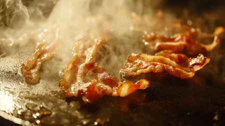 Enjoy the sight of crispy bacon sizzling on a hot grill, releasing aromatic steam into the air, creating an enticing moment perfect for food lovers and culinary enthusiasts.の素材