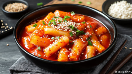 Explore the vibrant flavors of Korean cuisine with this dish of spicy rice cakes, garnished with sesame seeds and green onions, presented in an elegant bowl.の素材