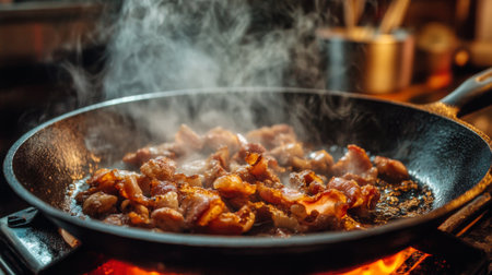 A close-up view of crispy bacon sizzling in a frying pan on a gas stove, with steam rising, creating an inviting atmosphere perfect for food lovers and culinary enthusiasts.の素材