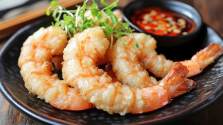 Indulge in this delicious crispy golden shrimp served with a spicy dipping sauce, beautifully garnished, perfect for enhancing any dining experience with flavor and creativity.の素材