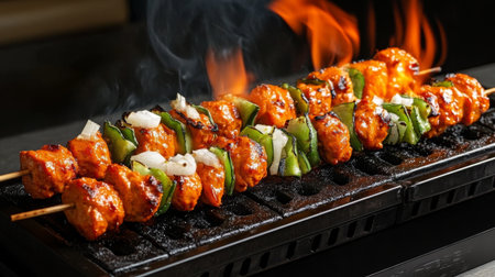 Sizzling chicken kebabs with peppers and onions grilled to perfection, ideal for festive gatherings or summer barbecues. Enjoy the vibrant colors and flavors!の素材
