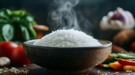 A bowl of freshly cooked white rice emits steam, set against a backdrop of colorful vegetables and herbs, creating a warm and inviting atmosphere perfect for culinary inspiration.の素材