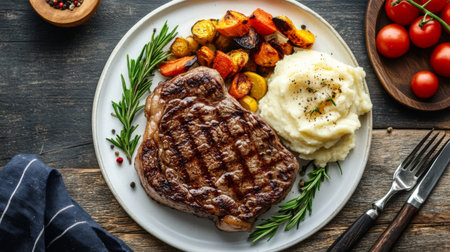 A mouth-watering plate featuring grilled steak, creamy mashed potatoes, and vibrant roasted vegetables, perfect for a weekend dinner or special occasion.の素材