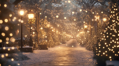 A serene winter pathway illuminated with glowing lanterns and twinkling lights, creating a magical atmosphere perfect for holiday strolls and joyful moments.の素材