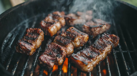 Indulge in the sight of perfectly grilled beef steak sizzling on a barbecue, enveloped in aromatic smoke, perfect for outdoor gatherings and culinary moments.の素材
