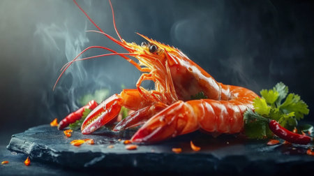 A beautifully presented lobster on a dark slate plate, complemented by chili peppers and green herbs, enveloped in a smoky atmosphere, perfect for culinary inspirations.の素材