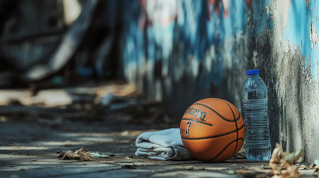 A basketball rests on the ground next to a water bottle and towel, set against a colorful urban backdrop, capturing a moment of leisure and sport.の素材
