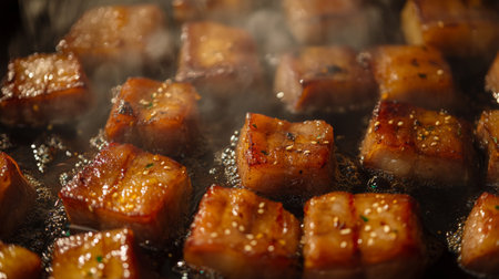 Sizzling pork belly cubes create a tantalizing aroma and crispy texture, ideal for any culinary enthusiast looking to elevate their cooking skills. Perfect for gourmet dishes.の素材