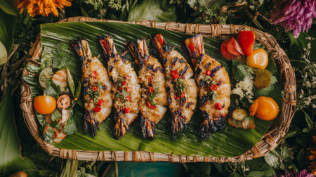 A beautifully arranged grilled shrimp platter showcases vibrant colors with fresh herbs and vegetables, perfect for a summer meal or special occasion dining.の素材