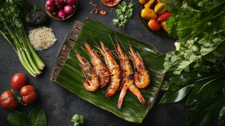 This vibrant image features beautifully grilled shrimp presented on a banana leaf, surrounded by fresh vegetables and herbs, ideal for culinary projects and food presentations.の素材