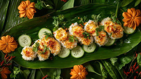 A vibrant sushi platter featuring fresh seafood, colorful vegetables, and decorative flowers. Ideal for culinary presentations and gourmet dining experiences.の素材