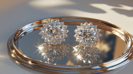 Stunning diamond earrings sit elegantly on a polished surface, capturing light and reflections, showcasing luxury and sophistication in jewelry design.の素材