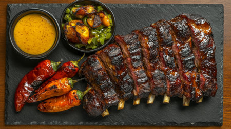 A mouthwatering display of smoky barbecue ribs alongside a tangy dipping sauce, roasted peppers, and vibrant vegetable salsa, perfect for any gourmet dining occasion.の素材