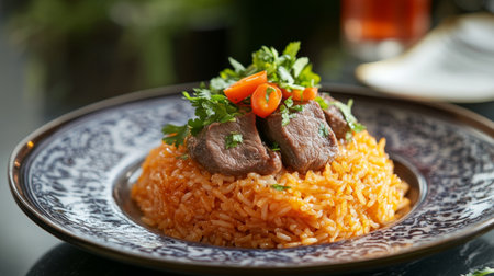 Indulge in a vibrant plate of spicy rice elegantly garnished with succulent meat, fresh herbs, and bright tomatoes. Perfect for any meal.の素材