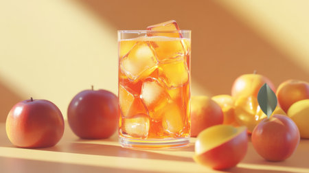 A vibrant glass of citrus drink filled with ice cubes, surrounded by fresh oranges and lemons. Perfect for summer refreshment and social gatherings.の素材