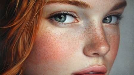 A captivating close-up portrait of a young woman highlighting her freckles and stunning green eyes, showcasing her natural beauty and serene expression.の素材