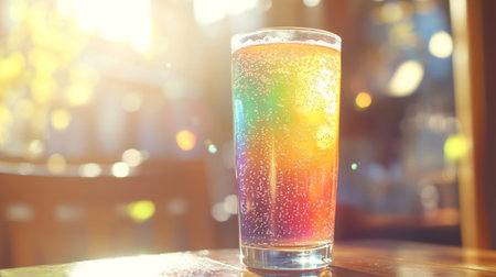 A vibrant sparkling drink shines with rainbow colors in a glass, set against a blurred background filled with sunlight and bokeh effects. Perfect for summer celebrations.の素材
