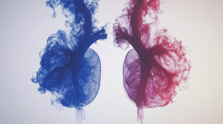 Vibrant smoke artwork depicting human heart and lungs anatomy. This artistic design combines colors and shapes to convey themes of health and vitality.の素材