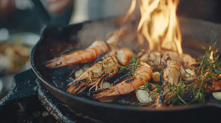 Mouthwatering grilled shrimp cooking over an open flame, infused with fragrant herbs and spices, perfect for outdoor gatherings or summer meals.の素材